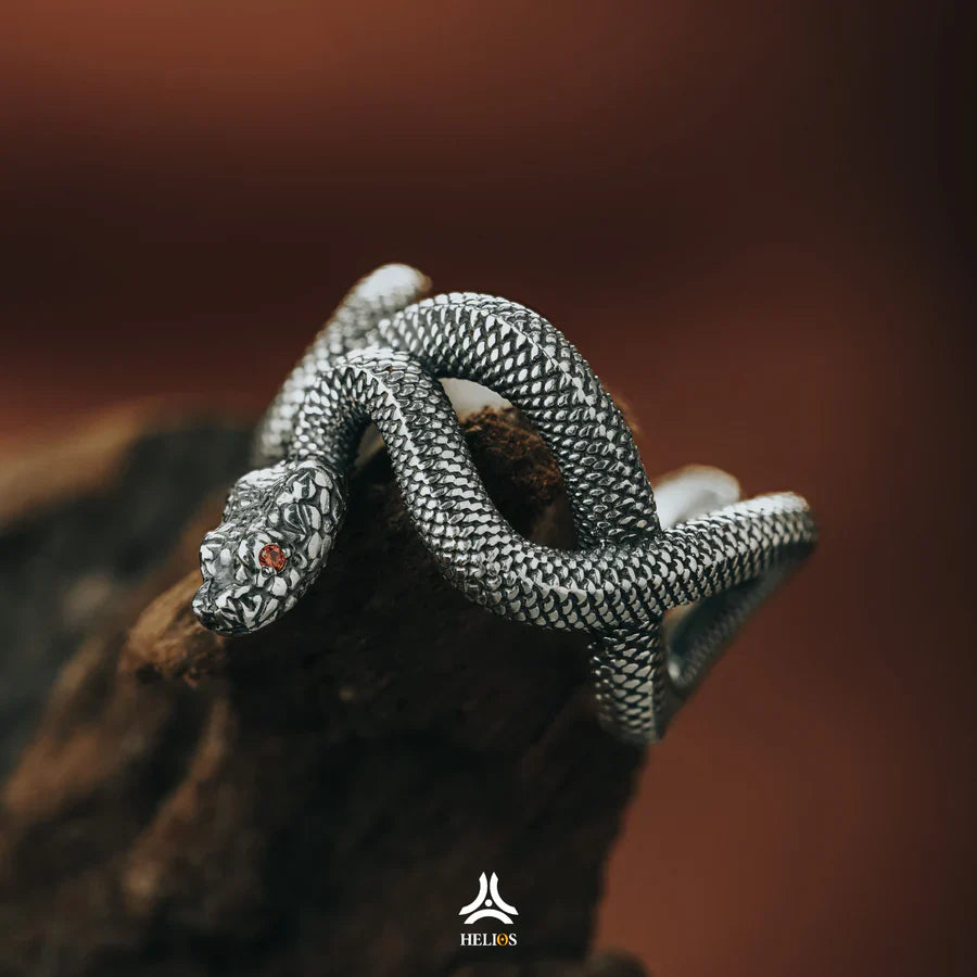 Mystical symbols on men's snake ring